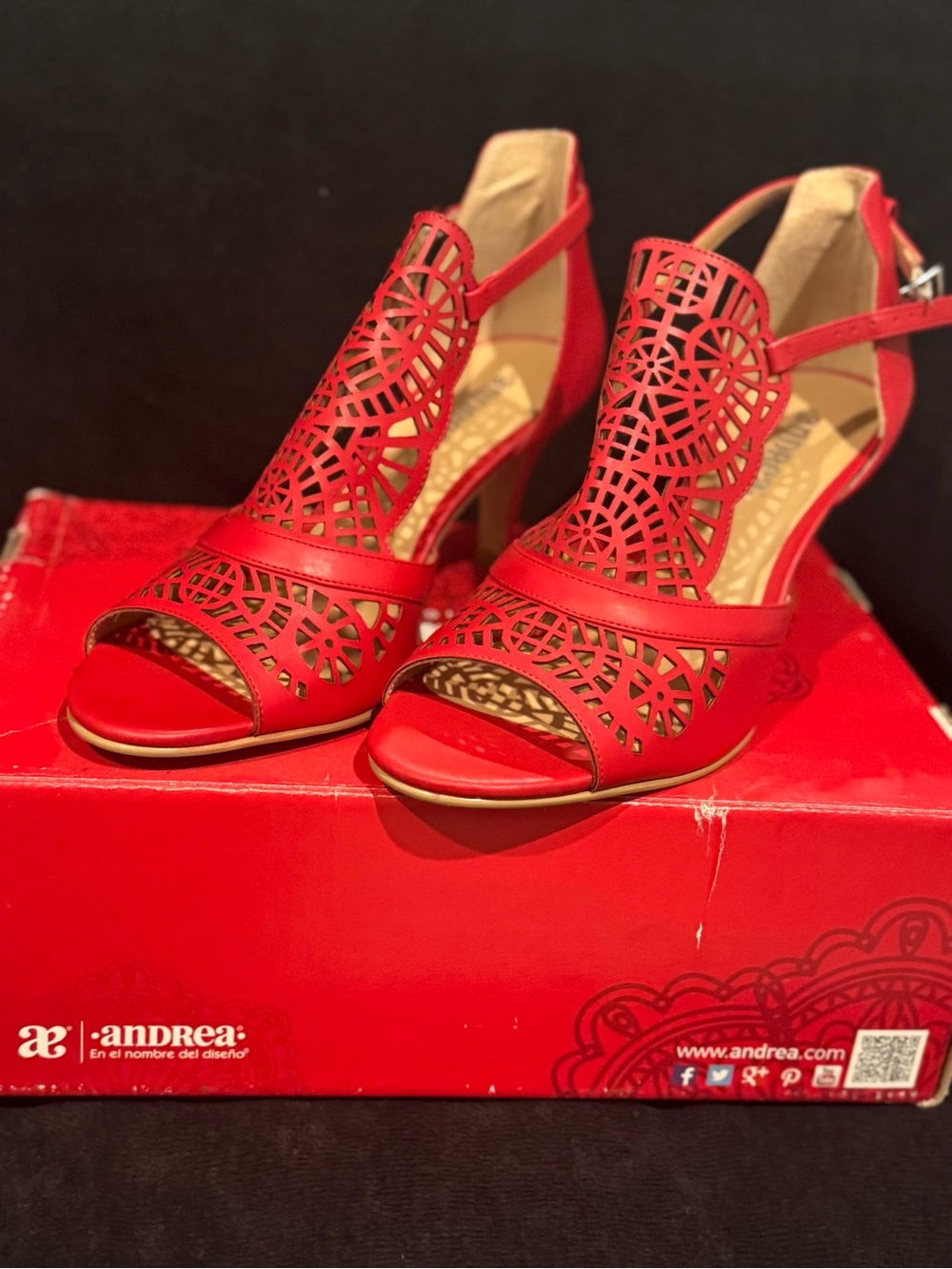 ANDREA FENZI Red Laser-Cut Open-Toe Slingback Heels